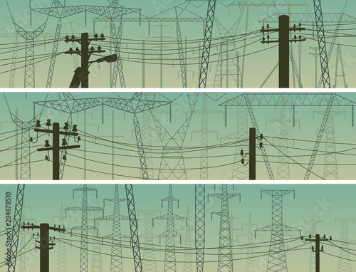 Horizontal banners with silhouettes of power line poles.