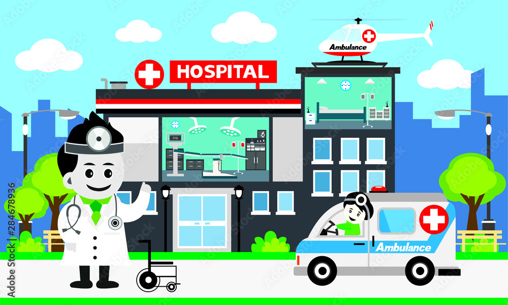 Vector of doctor team standing on a hospital building, Patient care concept, ambulance car background Vector of doctor team standing on a hospital building, Patient care concept, ambulance car background