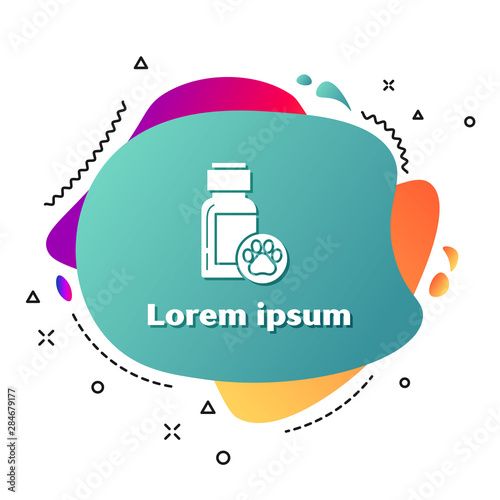 White Dog medicine bottle icon isolated on white background. Container with pills. Prescription medicine for animal. Abstract banner with liquid shapes. Vector Illustration