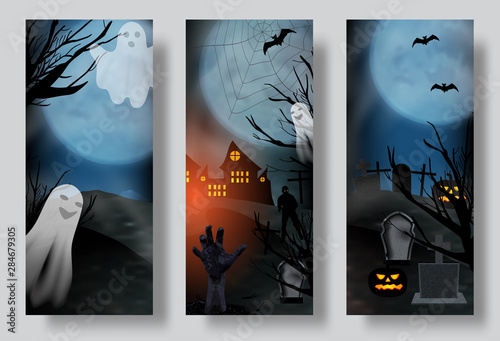 Set Halloween posters or banners, graveyard with ghost and zombie hand. Vector