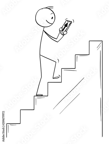 Vector cartoon stick figure drawing conceptual illustration of man climbing upstairs following incorrect navigation in mobile phone ignoring the edge in his way.