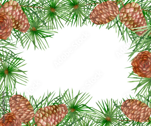 Fototapeta Naklejka Na Ścianę i Meble -  Watercolor hand painted nature squared border frame with green christmas tree fir branches and brown cones for invitations and greeting cards