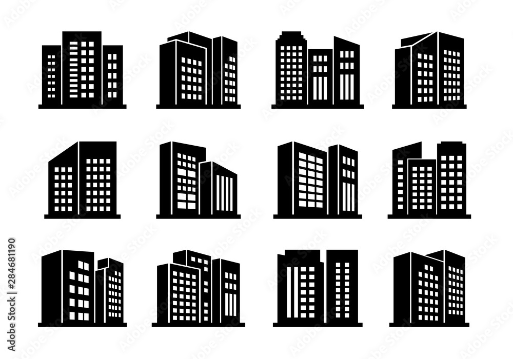 Icons buildings and vector company set on white background, Isolated office collection, Black edifice and residential illustration