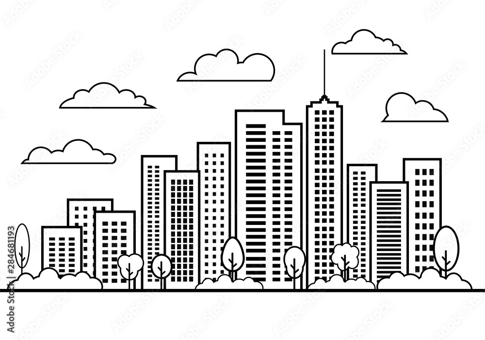 Line building landscape design elements set, City vector on white background