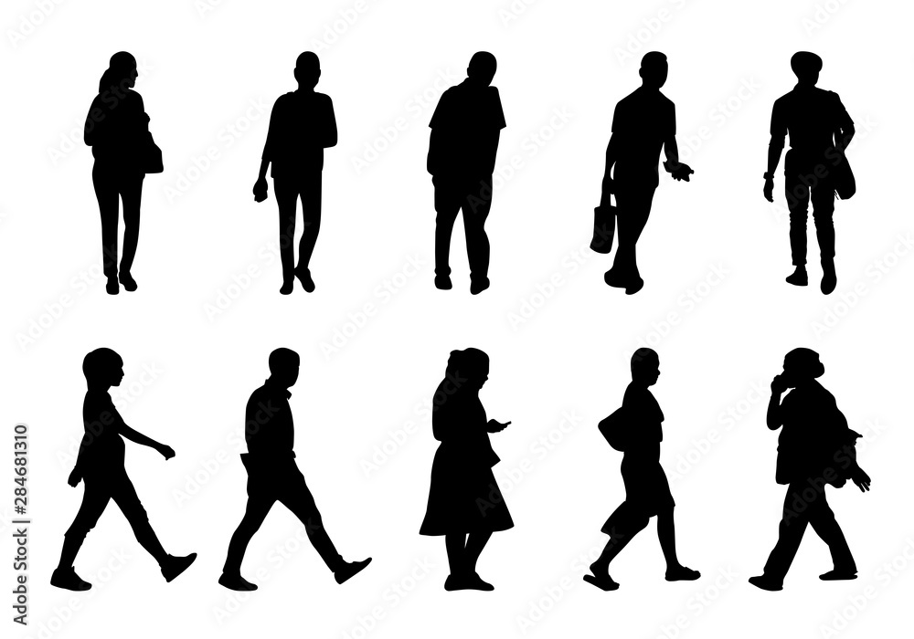 Black people walking collection on white background, Silhouette men and women vector set