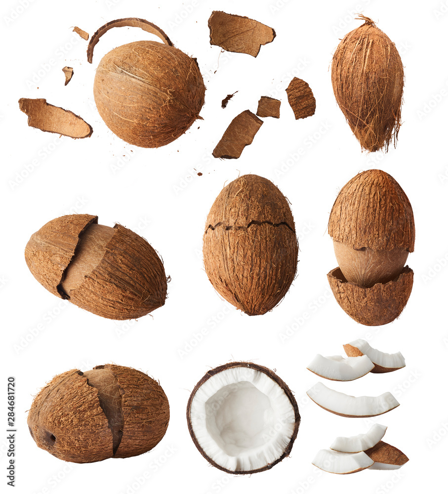 Set with Fresh raw coconut with palm leaves isolated on white background. High resolution image Set with Fresh raw coconut with palm leaves isolated on white background. High resolution image