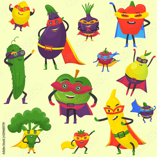 Superhero fruit and vegetables vector pattern. Super banana, eggplant with broccoli, onion, pepper in hero cloak costume. Garden superheroes healthy food. Fruit and vegetables hero characters.