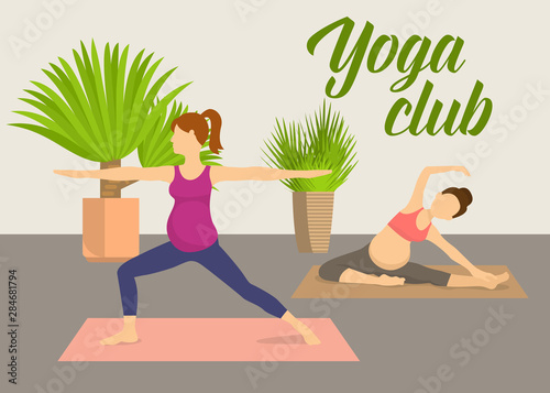 Prenatal yoga fitness club vector illustration. Pregnant women practising yoga pilates in fitness club with green plants. Female cartoon characters doing balancing yoga poses.