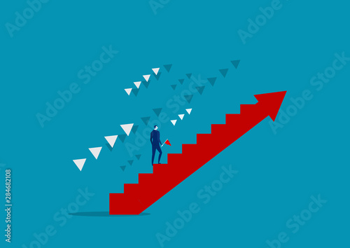  Purposeful businessman on stairs goes to goal. Mission climb to mountain. Purpose concept. Vector illustration 
