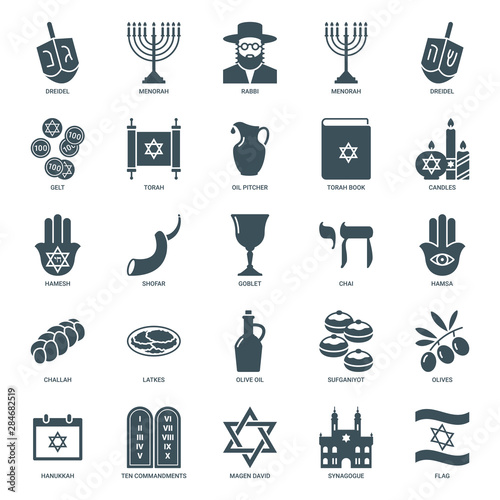 hanukkah icons set, judaism symbols collection