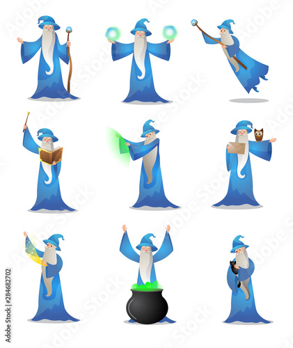 Colorful set of wizard character in various action poses. Raster illustration in flat cartoon style
