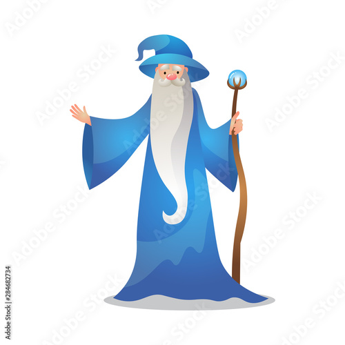 Wizard character poses with the wand. Colorful raster illustration in flat cartoon style