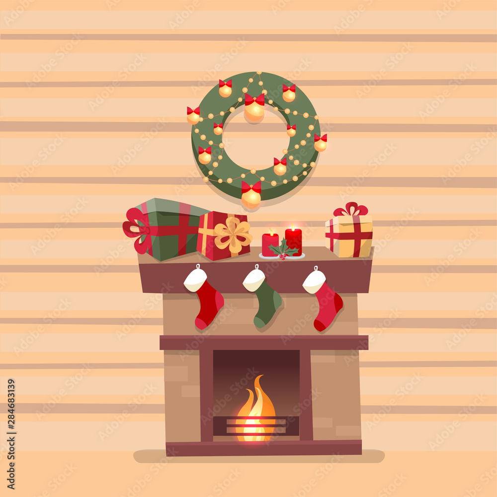 Room interior with Christmas fireplace with socks, decorations, gift boxes, candeles, socks and wreath on background of a wooden log wall. Cute flat cartoon style illustration.