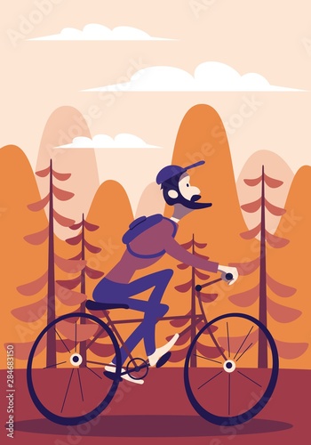 Bearded cartoon funny bicycle cyclist with a backpack behind his back rides a bicycle on a background of forest and mountains. Autumn trip.