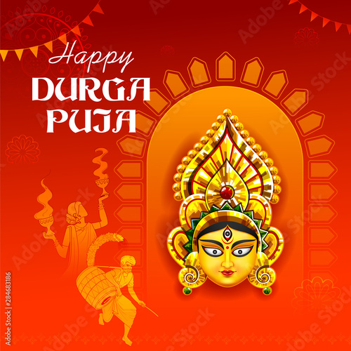 illustration of Goddess Durga Face in Happy Durga Puja Subh Navratri Indian religious header banner background