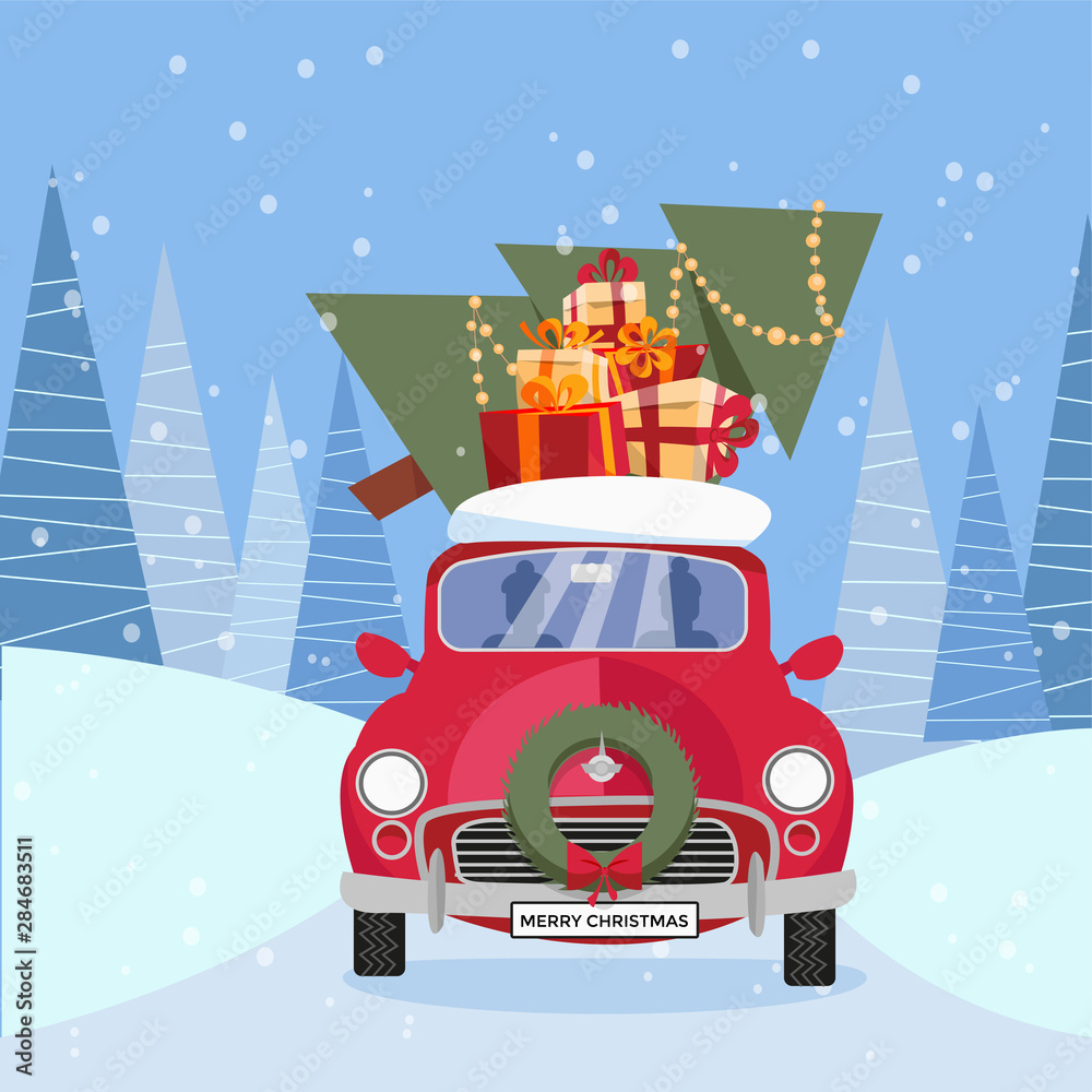 Flat cartoon illustration of retro car with presents, christmas tree on roof. Little red car carrying gift boxes. Vehicle is located in front, decorated with wreath. Winter snowy forest around