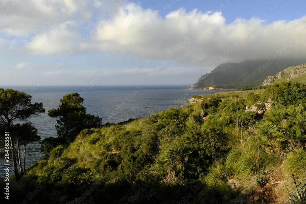 Landschaft und Steilküste bei Betlem auf der Halbinsel Llevant im Naturpark Llevant, Mallorca, Balearen, Spanien