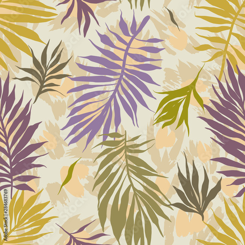 Botanical seamless pattern. Hand drawn fantasy exotic sprigs with leopard skin background. Floral illustration made of herbal foliage leaves . Good for textile  fabric  fashion.