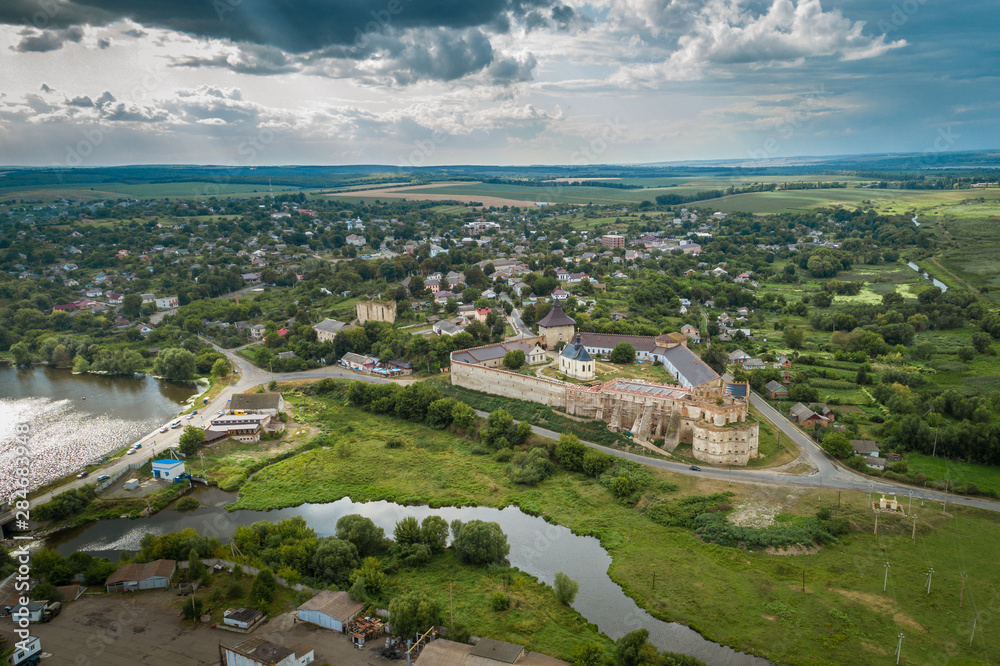 Aerial view of а medieval fortress in Medzhybizh, Khmelnytska Oblast, Ukraine.