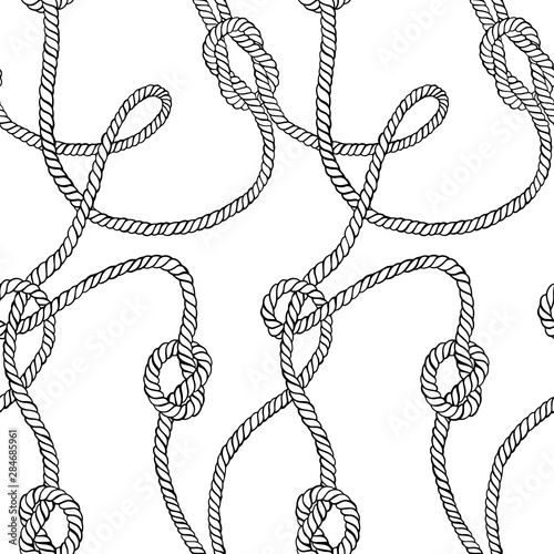 Vector seamless pattern made of twisted ropes with knots. Abstract graphic drawing. Plane nautical ornament.