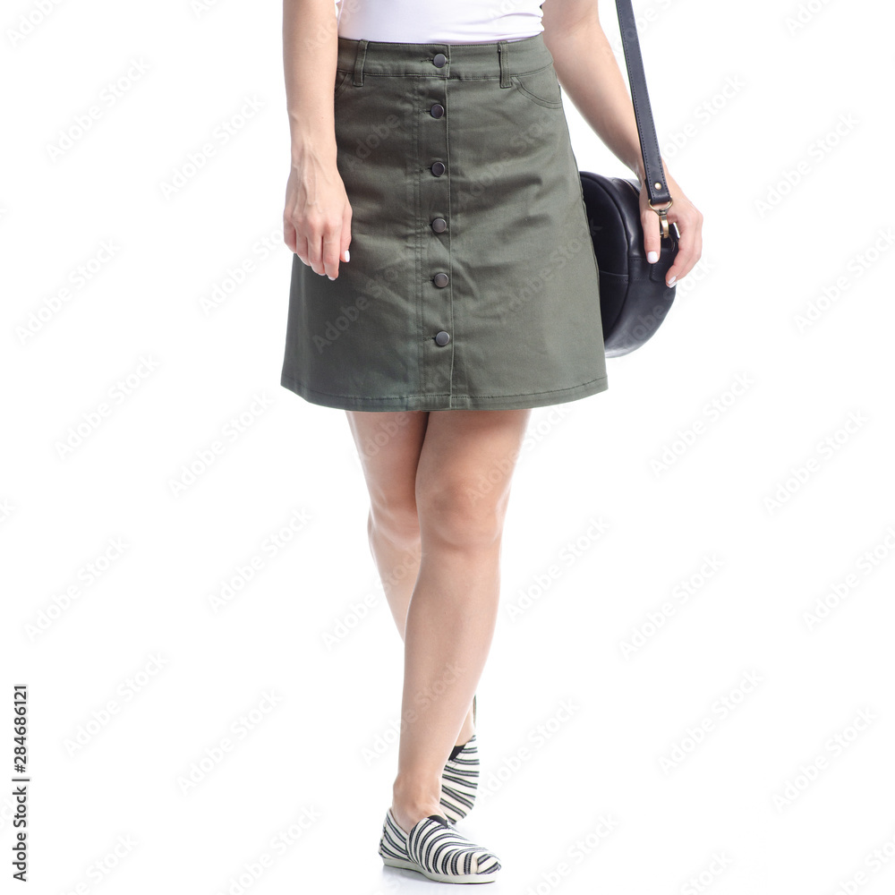 Woman with black round bag fashion on white background isolation Woman with black round bag fashion on white background isolation