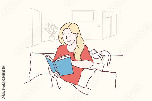 Leisure, Lifestyle, nostalgically, Learning concept. Young, beautiful Woman sits in a cozy pose and reads her favorite literature, studies science. Teenager girl student funny nastolgiya scans of old