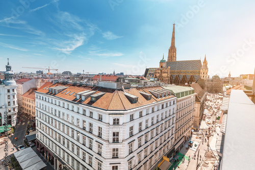 Fotografia, Obraz Aerial view of the roofs of houses and the main architectural attraction of Vienna - St