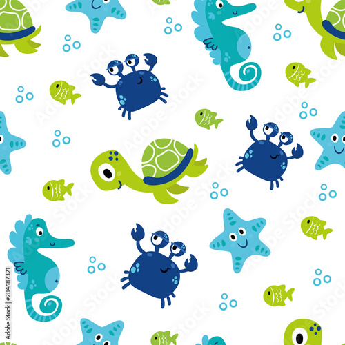 Cute sea vector animals underwater.  Cartoon seamless pattern on a color background. It can be used for backgrounds, surface textures, wallpapers, pattern fills