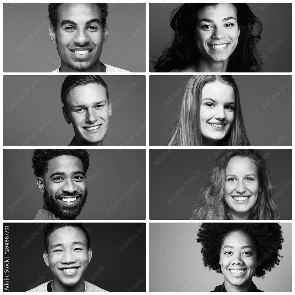 Group of beautiful people in a row in front of a dark background Group of beautiful people in a row in front of a dark background