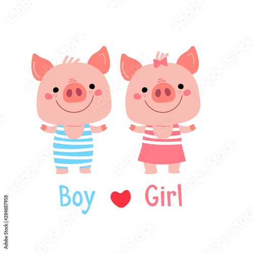 Vector Pink Piggy Cartoon illustration for Christmas card, prints, calendar, sticker, invitation, baby shower, children clothes, posters