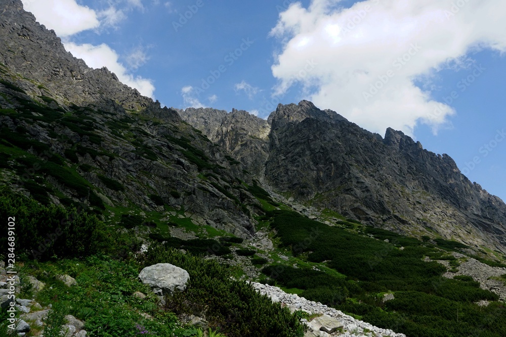 Obraz premium A beautiful landscape with rocky mountain in High Tatry, Slovakia. The High Tatras Mountains in summer