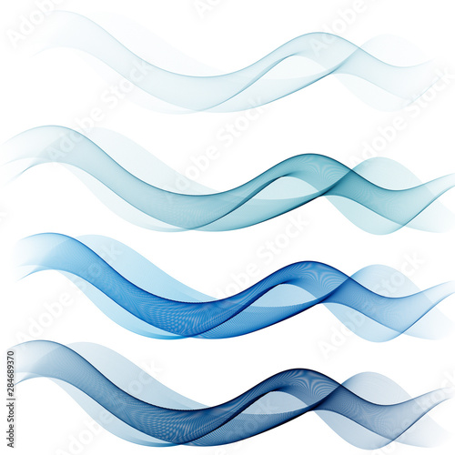  Set of smoky elegant wavy blue waves on a white background. Design element. Brochure Template