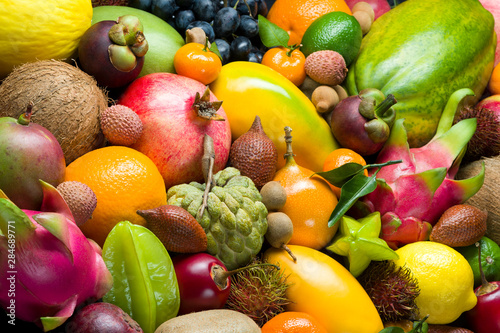 Fresh Thai tropical fruits heap  healthy food  diet nutrition  selective focus 