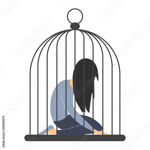 Sad woman in the cage. Man abuse woman