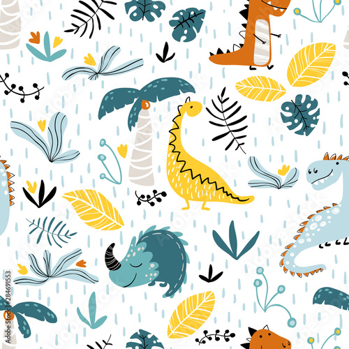 Baby seamless pattern with dinosaurs in jungle. Cute Vector Illustration in scandinavian style. Creative childish background for fabric  textile  nursery wallpaper.