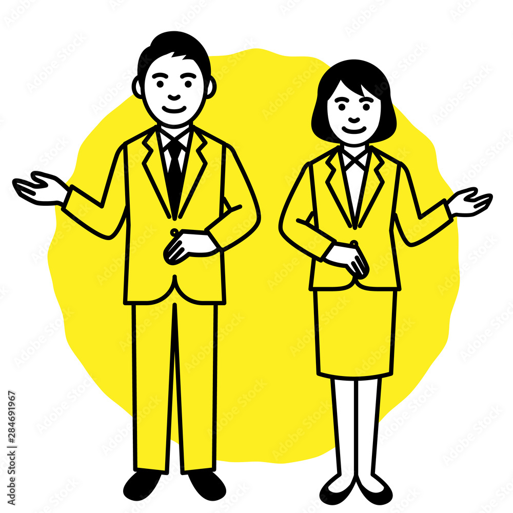 Business man and woman with round frame on white background. Vector illustration.