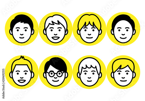 Set of young men faces in round frame on white background. Vector illustration.