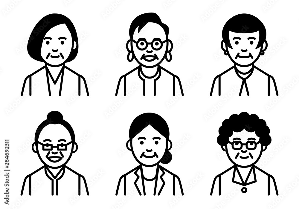 Set of senior women upper body on white background. Vector illustration. Set of senior women upper body on white background. Vector illustration.