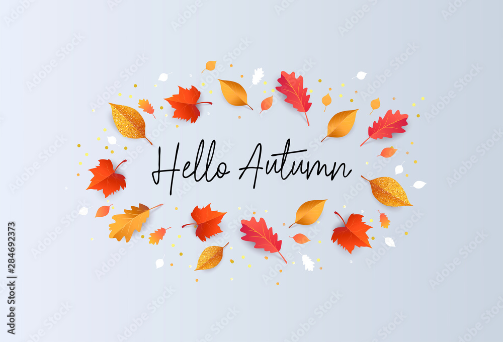 Hello Autumn Vector illustration with phrase decorated with beautiful bright leaves on light background. Design for greeting card, Sale or promotional poster, flyer, web banner, social and fashion ads
