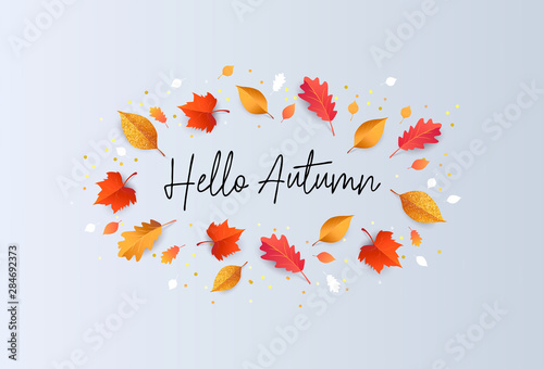 Hello Autumn Vector illustration with phrase decorated with beautiful bright leaves on light background. Design for greeting card  Sale or promotional poster  flyer  web banner  social and fashion ads