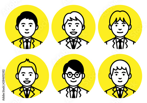 Set of young men upper body in round frame on white background. Vector illustration.