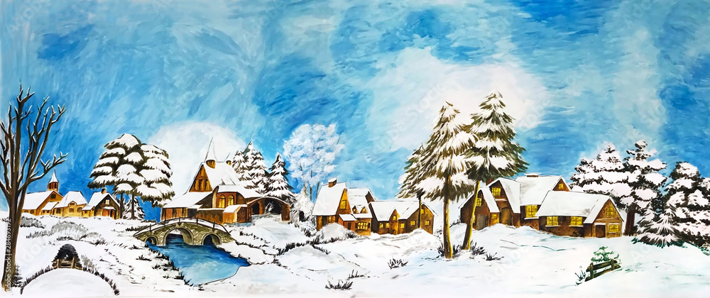 Snowy winter village landscape fairy-tale - obrazy, fototapety, plakaty 