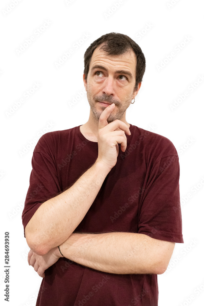 portrait of spanish guy with beard in thinking position with hand touching his chin portrait of spanish guy with beard in thinking position with hand touching his chin