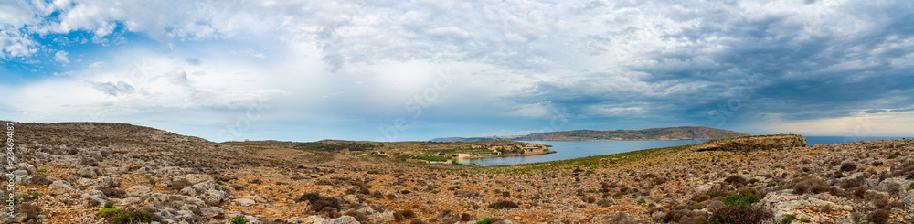 Panorama of stone desert. Panoramic Landscape of Comino Island, Malta
