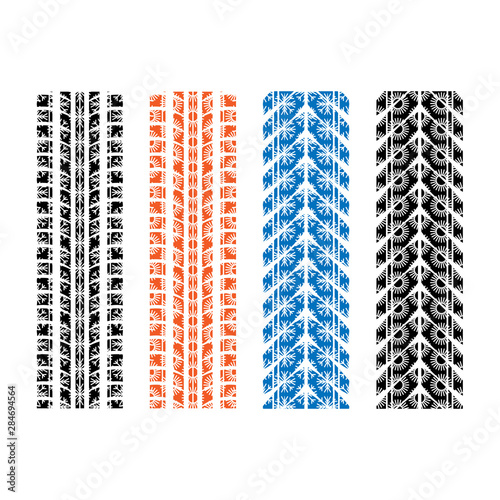 Set of four tire tracks silhouettes with winter and summer patterns