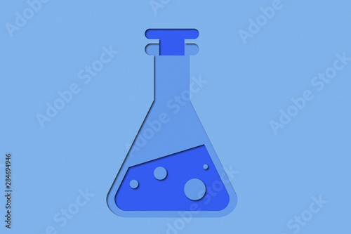 Flat paper cut design illustration of medical flask with liquor in science lab