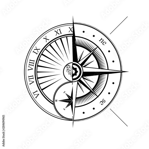 Black outline windrose and sundial silhouettes isolated on white background