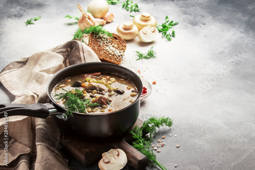 Autumn or winter meat vegetable mushroom hot soup with beef and wholegrain barley. With black breaв and parsley, top view, gray kitchen table, copy space photo