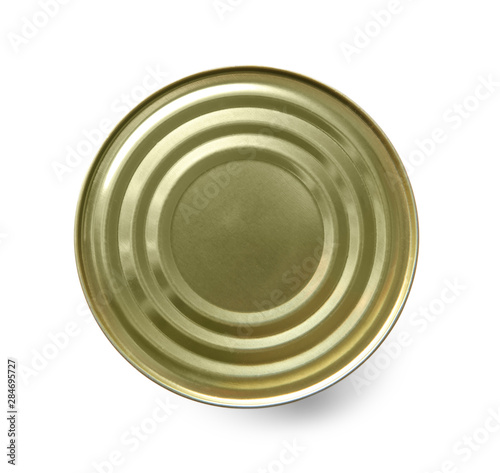 Closed tin can isolated on white, top view
