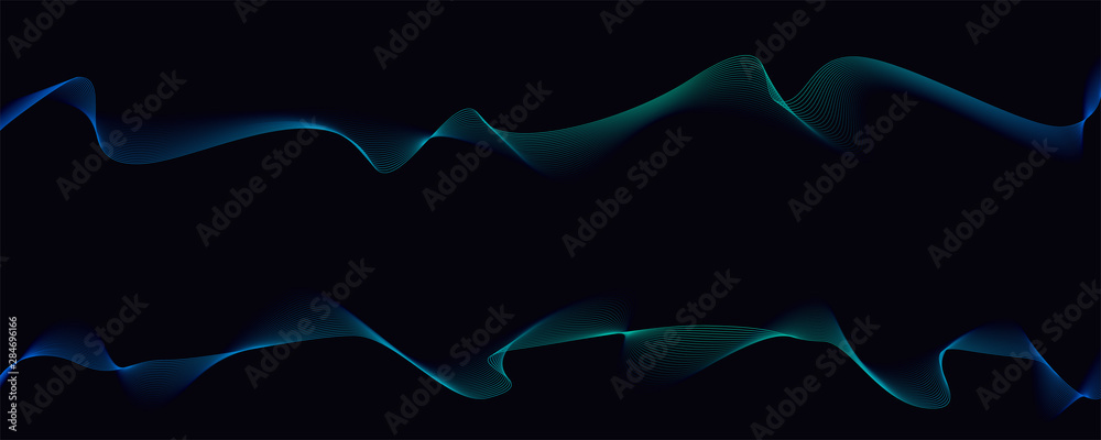 Fototapeta premium Two parallel twisted pattern. Dynamic flowing waves isolated on dark background. Abstract wavy spun lines. Optical art, vector design elements.